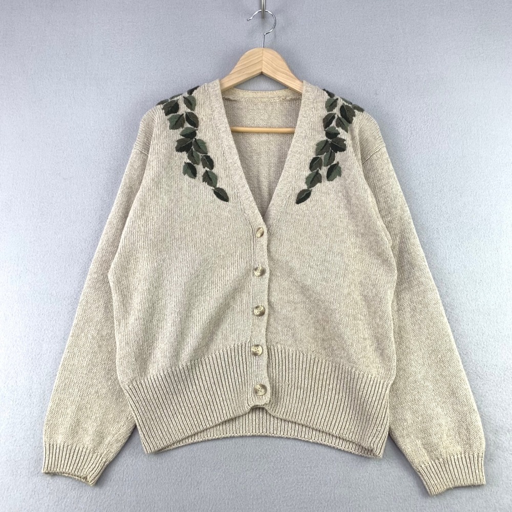Vintage Embroidered Leaf Cardigan Sweater Women Large Beige Grannycore Sweater